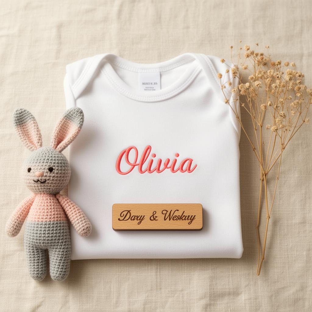 A row of personalised white baby grows embroidered with different names, hung on a wooden rail